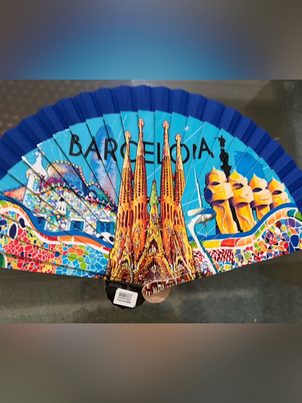 Barcelona Souvenir wood Folding Fan - Vibrant Blue Design
